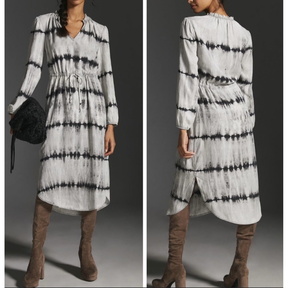 Anthropologie Tie Dye Tencel Lyocell Midi Dress V Neck‎ Long Sleeve XXS
